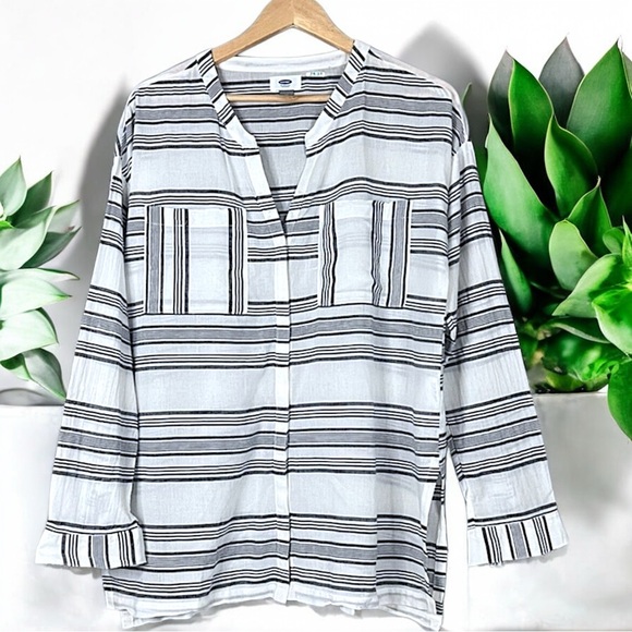 Old Navy Stripe Button Down V Neck Shirt Tunic Top - Picture 12 of 16
